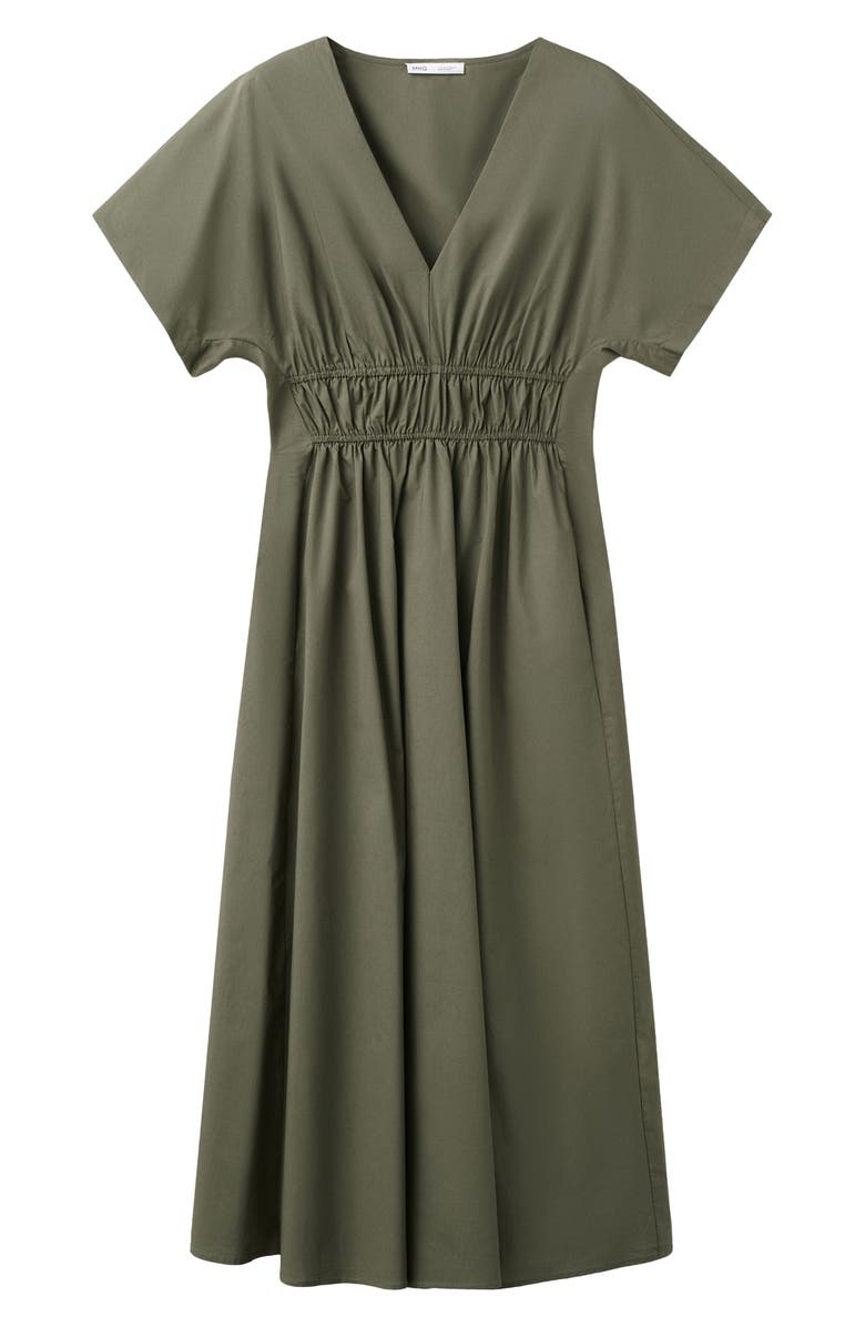 MANGO Smocked Poplin Midi Dress, Alternate, color, Khaki Green
