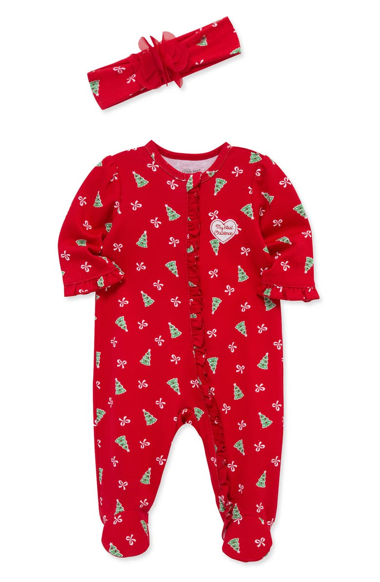 Little Me Pretty Trees Holiday Footie & Headband Set, Alternate, color, Red