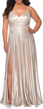 La Femme Metallic Grecian Long Plus Size Dress