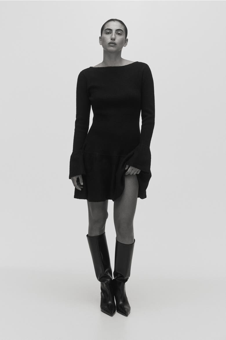 Flounced Rib-knit Dress, Alternate, color, Black