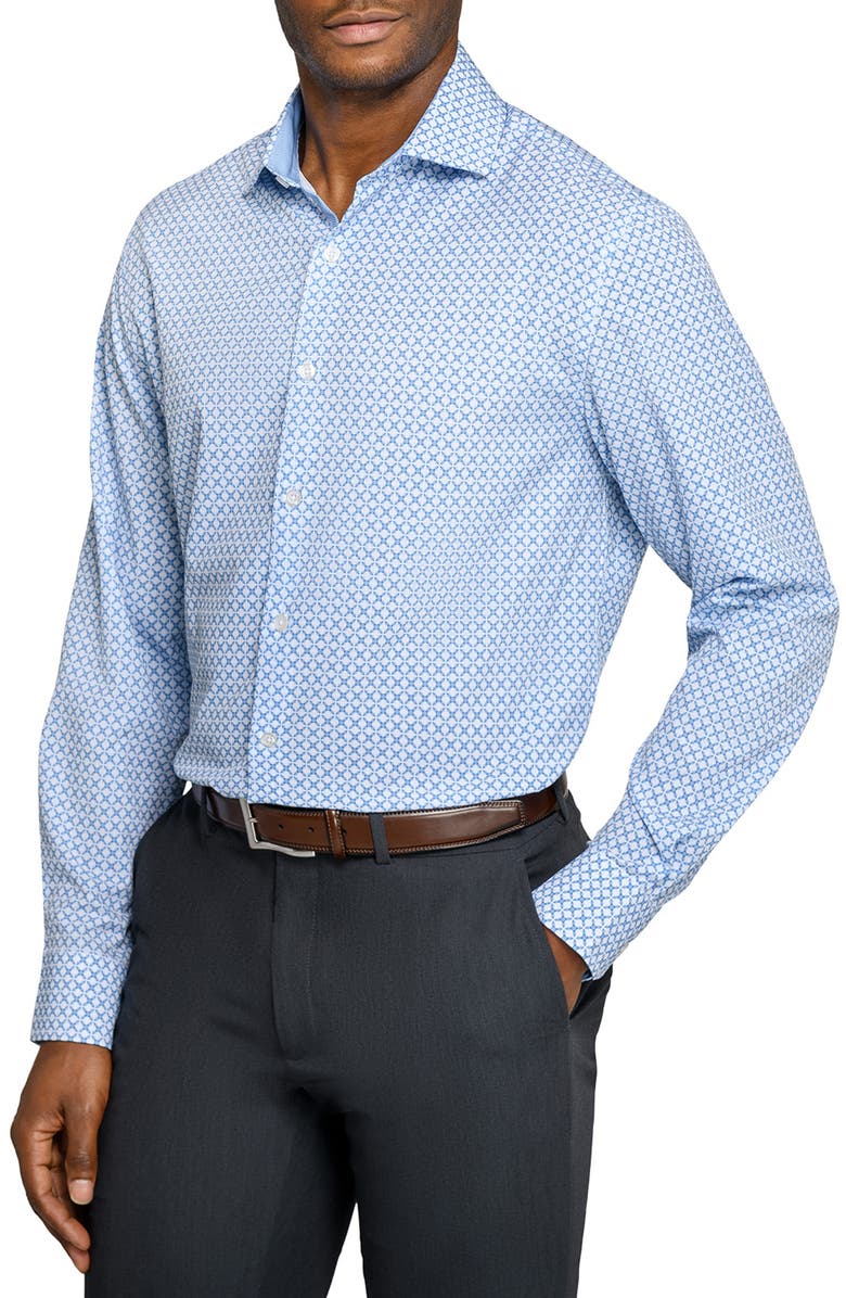 W.R.K Slim Fit Blue Geometric Print Performance Dress Shirt, Alternate, color, White/ Blue