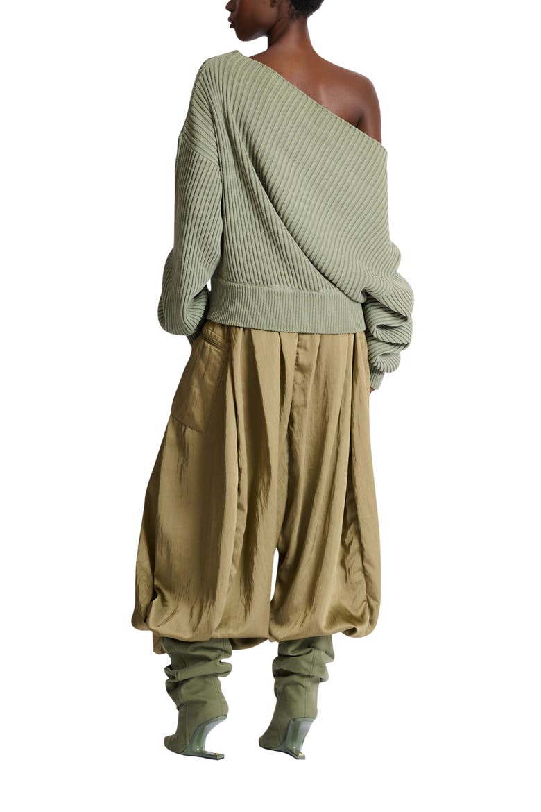 Draped asymmetrical jumper in ribbed silk knit, Alternate, color, green