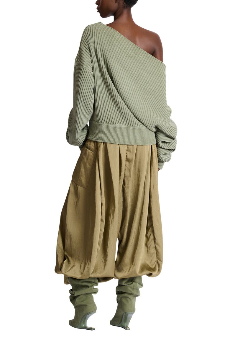 Balmain Draped asymmetrical jumper in ribbed silk knit, Alternate, color, Green