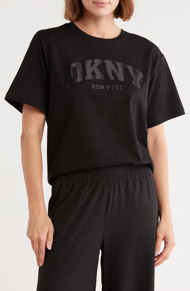 DKNY Varsity Satin Logo Oversize T-Shirt, Main, color, Black