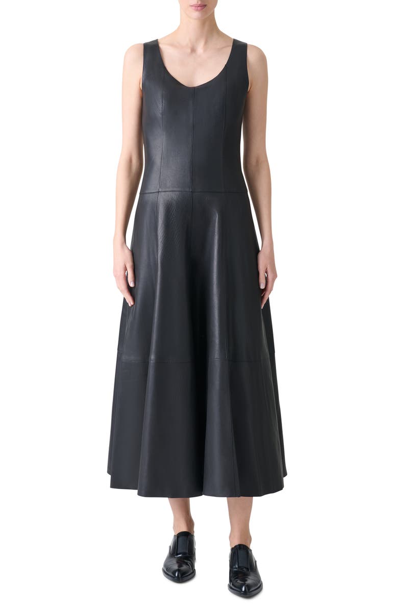 Akris Lambskin Leather Ballet Midi Dress, Main, color, Black