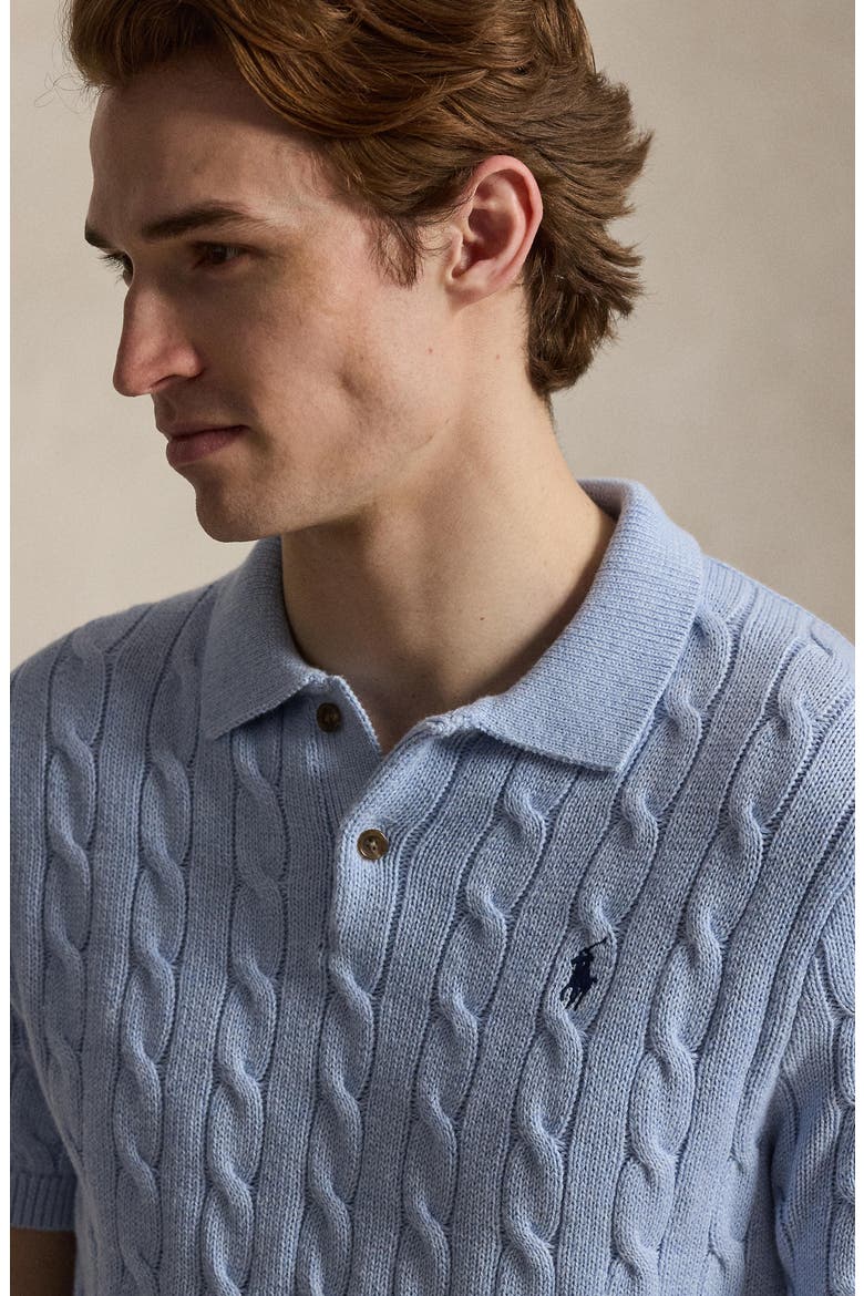 Cable-Knit Cotton Polo Sweater, Alternate, color, BLUE HYACINTH HTHR