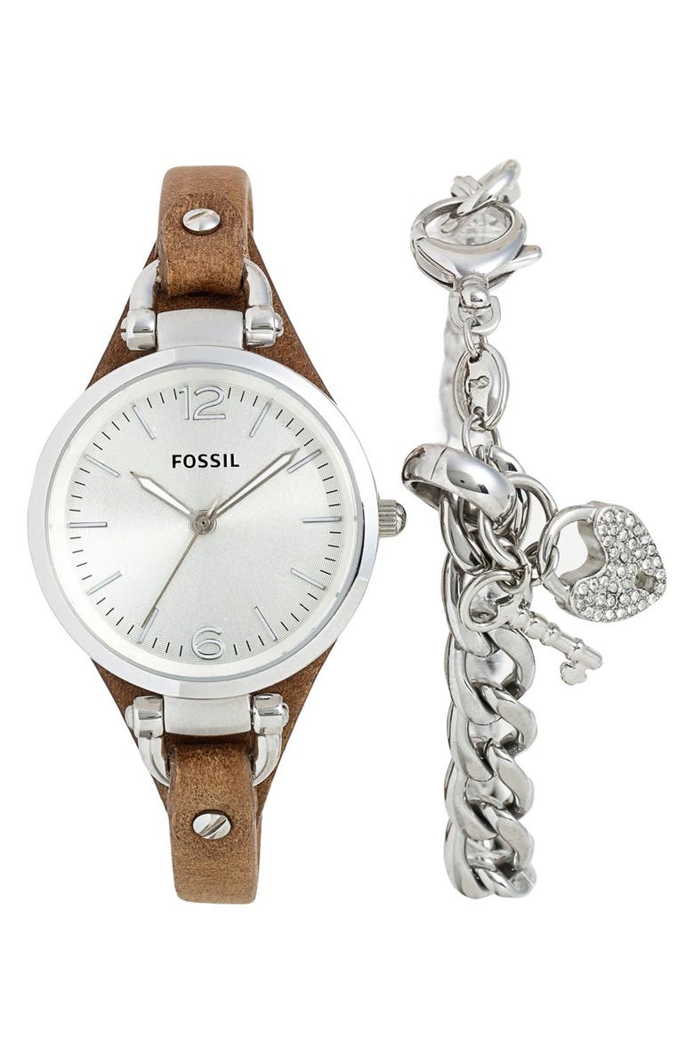 Fossil 'Georgia' Leather Strap Watch & Charm Bracelet Set, 32mm, Main, color,