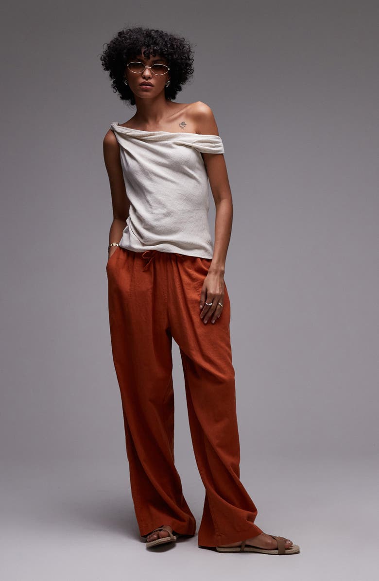 Topshop Twist Shoulder Asymmetric Woven Top, Alternate, color, Beige