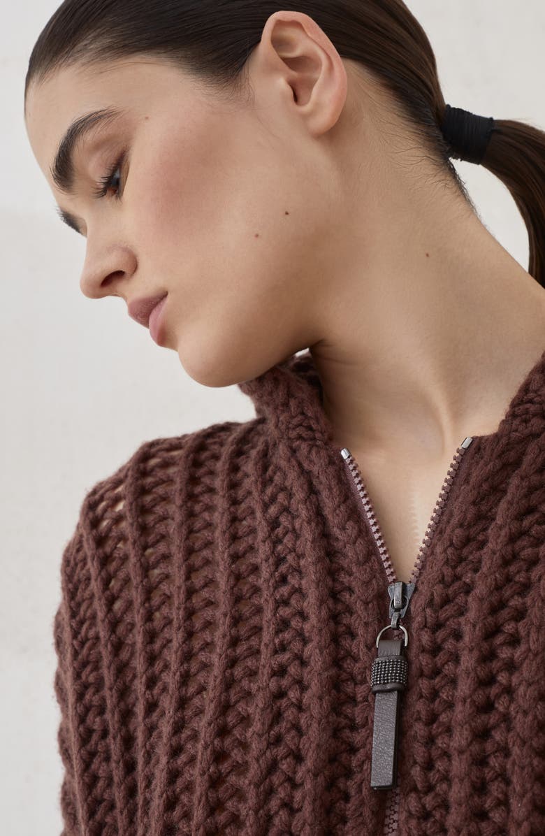 Brunello Cucinelli Ribbed openwork cardigan, Alternate, color, Brown