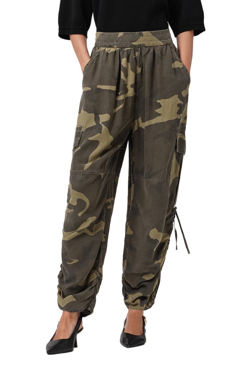 AllSaints Kaye Camo Ruched Cargo Pants, Main, color, Camo Green