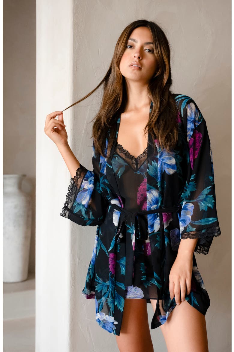 Bailee Floral Chiffon Wrap Robe, Alternate, color, BLACK