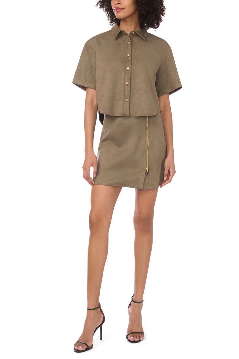 Faux Suede Short Sleeve Button-Up Shirt, Alternate, color, OLIVE