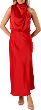 Petal & Pup Anabelle Mock Neck Satin Midi Dress