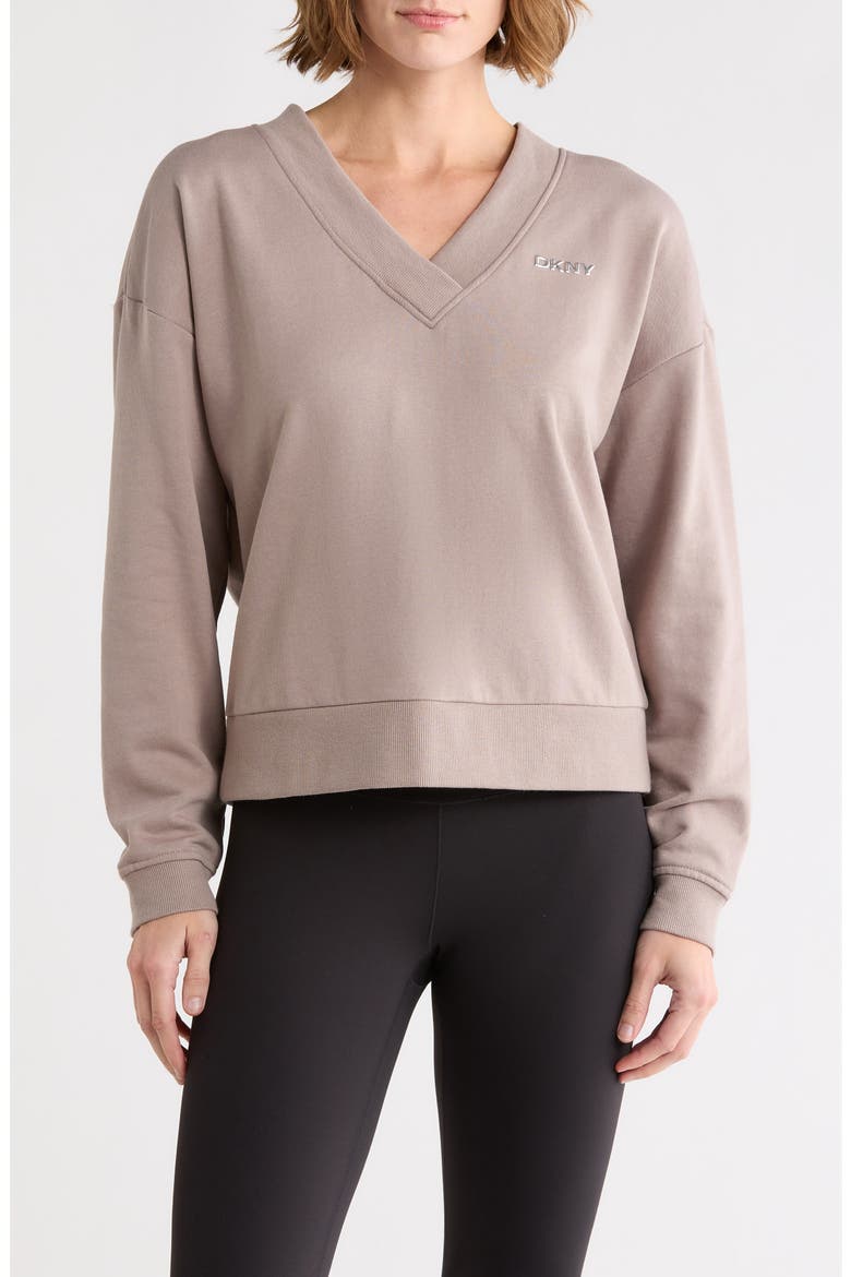 Metallic Logo V-Neck French Terry Sweatshirt, Main, color, MUSHROOM