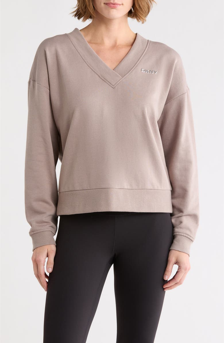DKNY Metallic Logo V-Neck French Terry Sweatshirt, Main, color, Mushroom