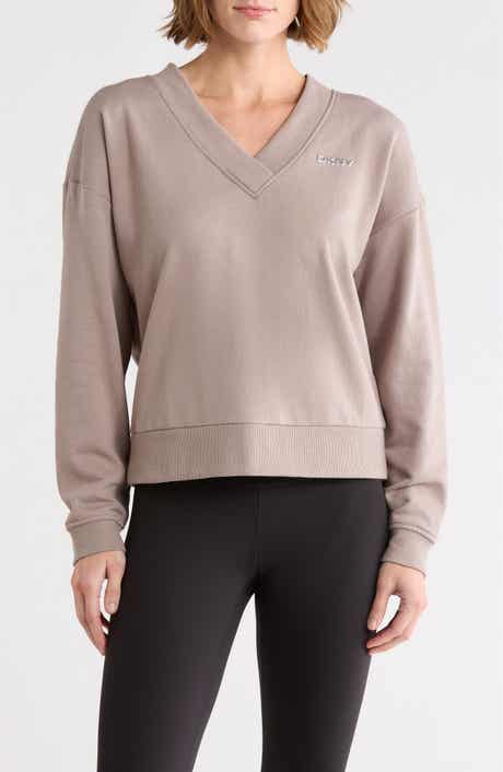 DKNY Metallic Logo V-Neck French Terry Sweatshirt