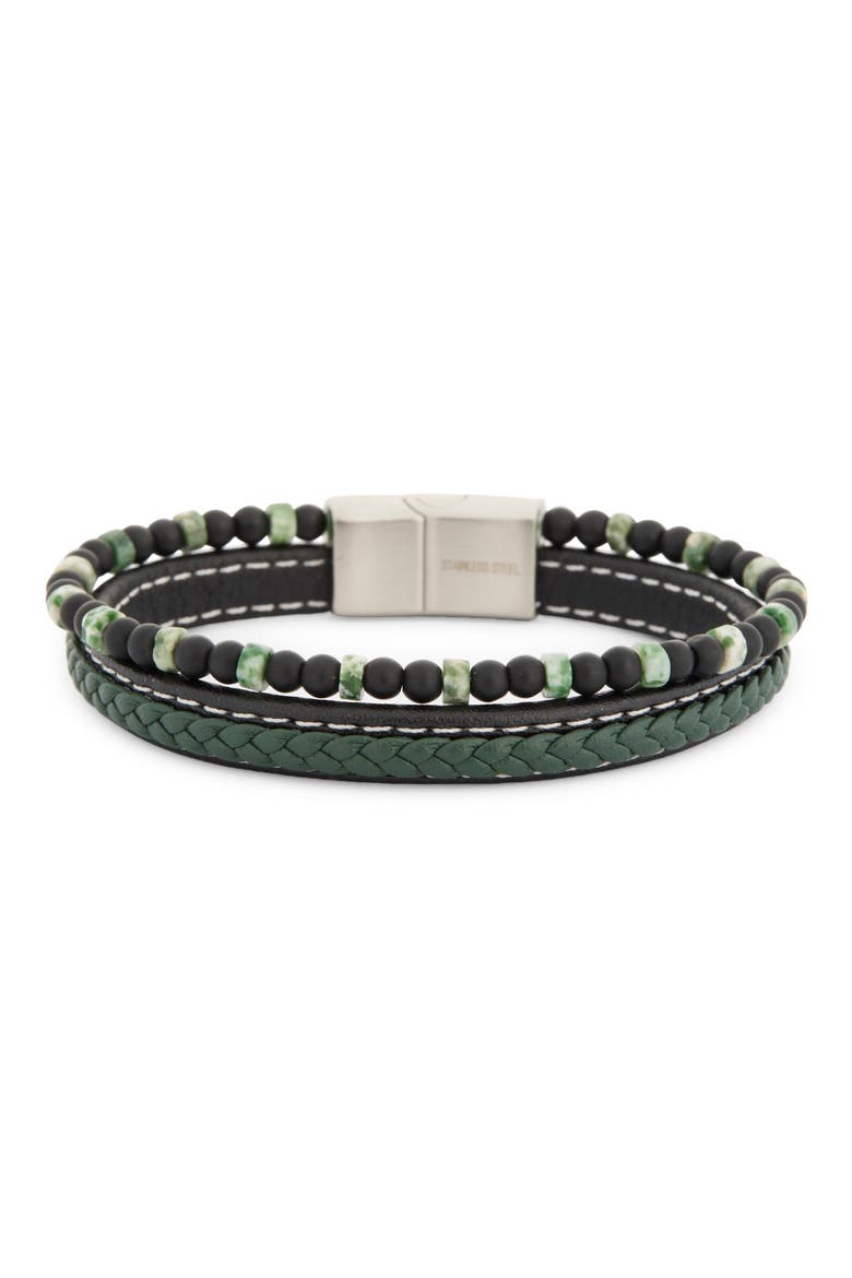 Men's Faux Leather & Beaded Double Strand Bracelet, Alternate, color, BLACK- GREEN- STAINLESS