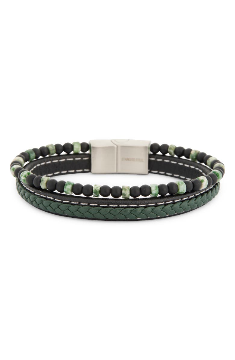 NORDSTROM RACK Men's Faux Leather & Beaded Double Strand Bracelet, Alternate, color, Black- Green- Stainless