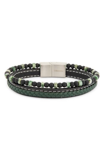 Nordstrom Rack Faux Leather & Beaded Double Strand Bracelet In Black- Green- Stainless