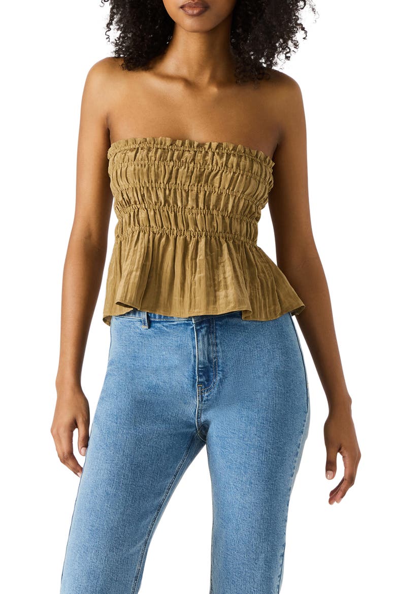 Cambria Strapless Smocked Peplum Top, Main, color, DEEP OLIVE