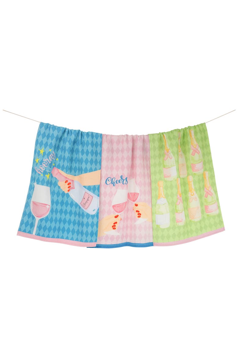 Cheers Set of 3 Kitchen Towels, Main, color, LIGHT BLUE/ PINK/ LIME