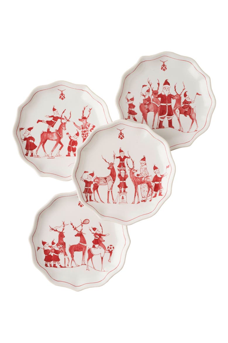 Reindeer Games Set of 4 Ceramic Tidbit Plates, Main, color, RUBY