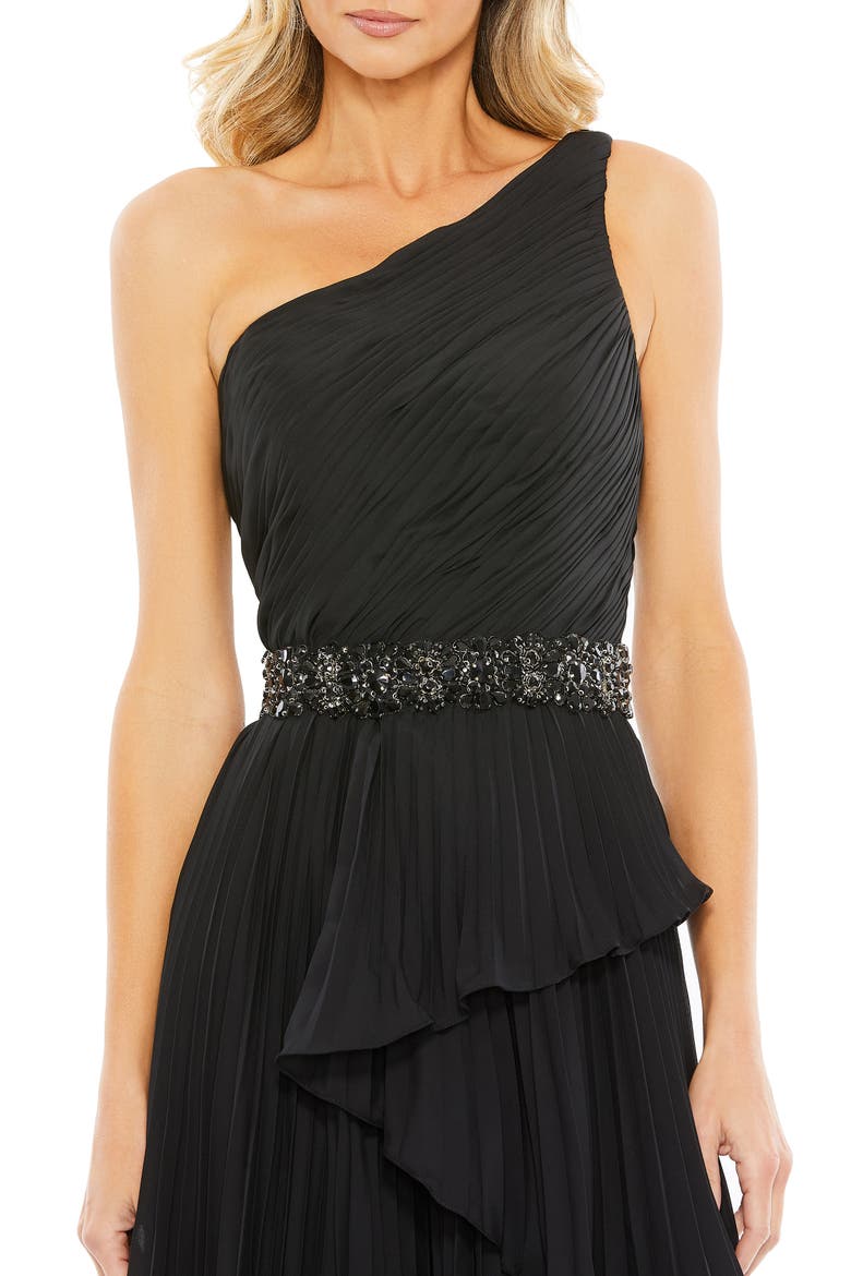 Embellished Gown with Strappy Open Back & Asymmetrical Ruffle Hem, Alternate, color, BLACK