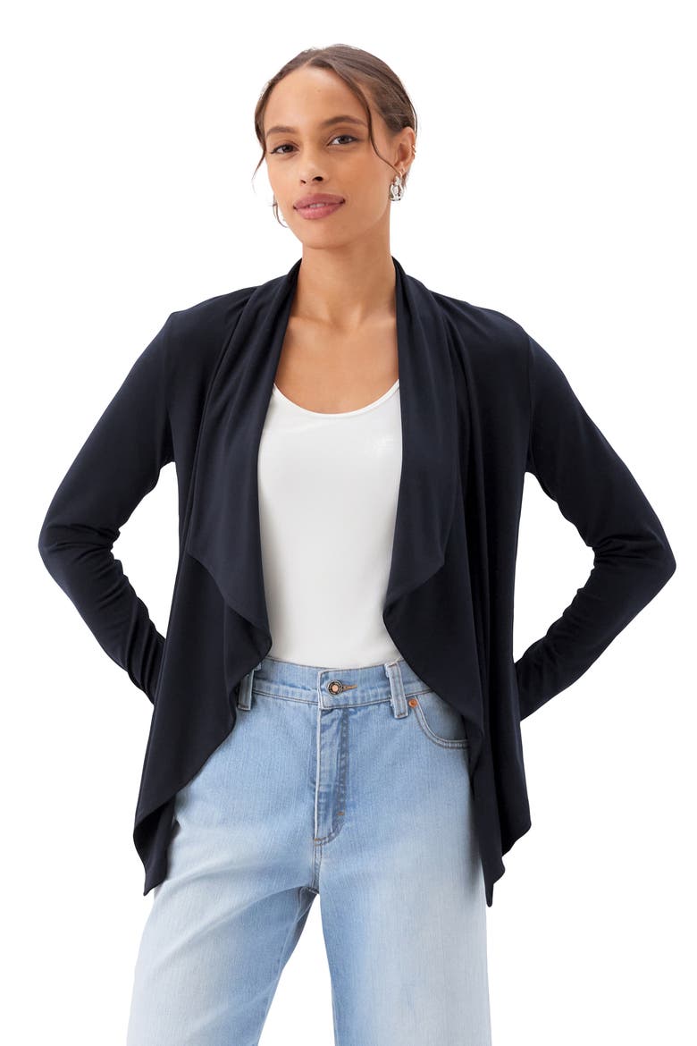 Travel Jersey Open Front Cardigan, Alternate, color, BLACK