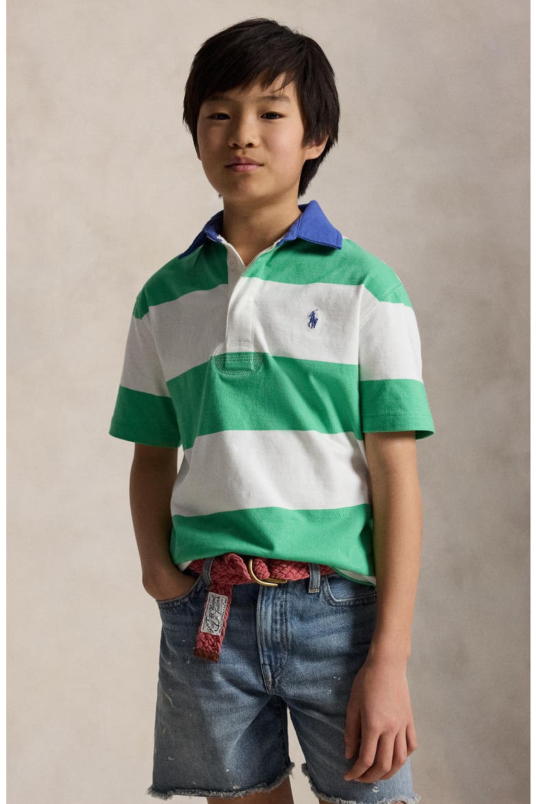 Kids' Rugby Stripe Cotton Jersey Polo, Alternate, color, PLATO GREEN/ WHITE