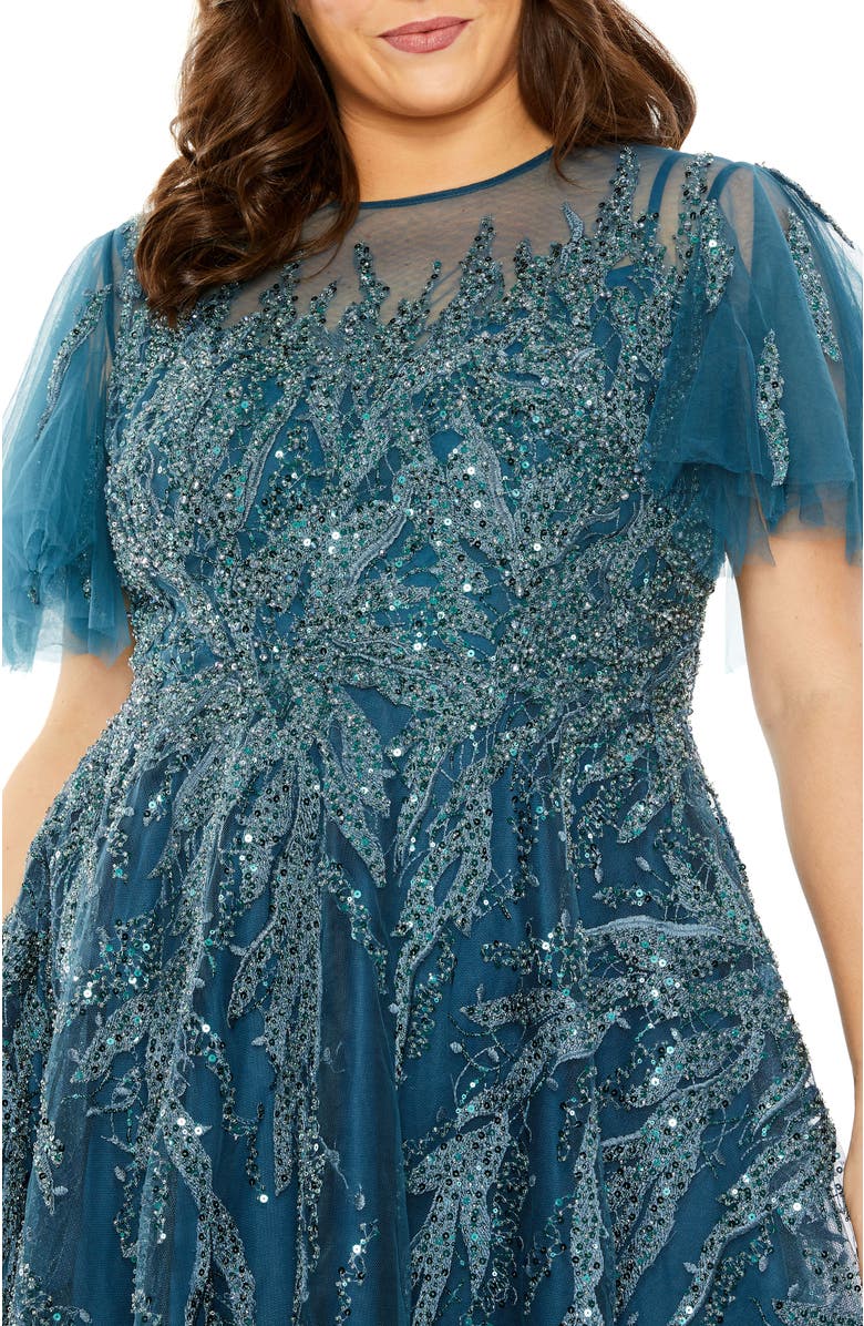 Mac Duggal High Neck Flutter Sleeve A Line Embellished Dress, Alternate, color, Ocean