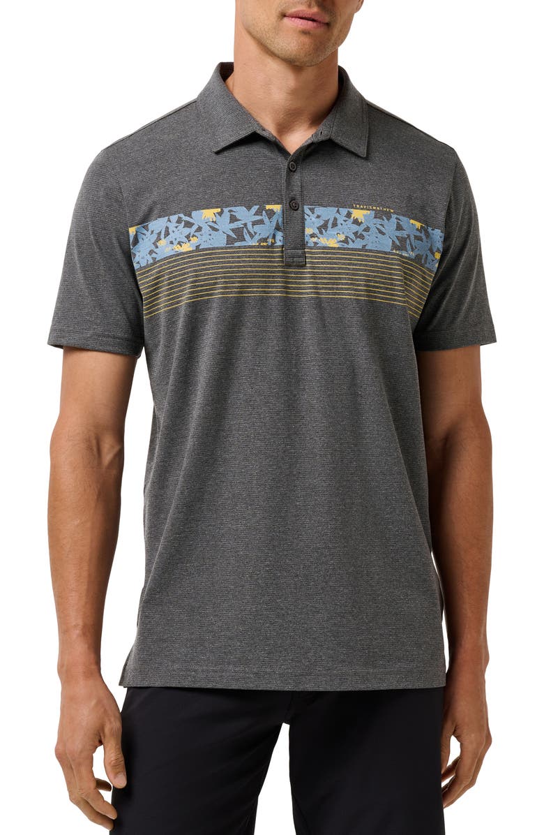 TravisMathew Red Midnight Train Chest Stripe Polo, Main, color, Heather Black