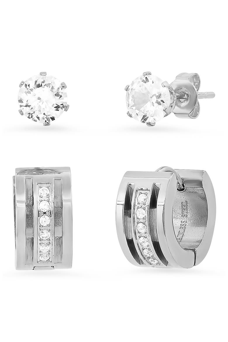 Set of 2 Stainless Steel Simulated Diamond Stud & Huggie Hoop Earrings, Main, color, METALLIC