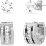 HMY JEWELRY Set of 2 Stainless Steel Simulated Diamond Stud & Huggie Hoop Earrings