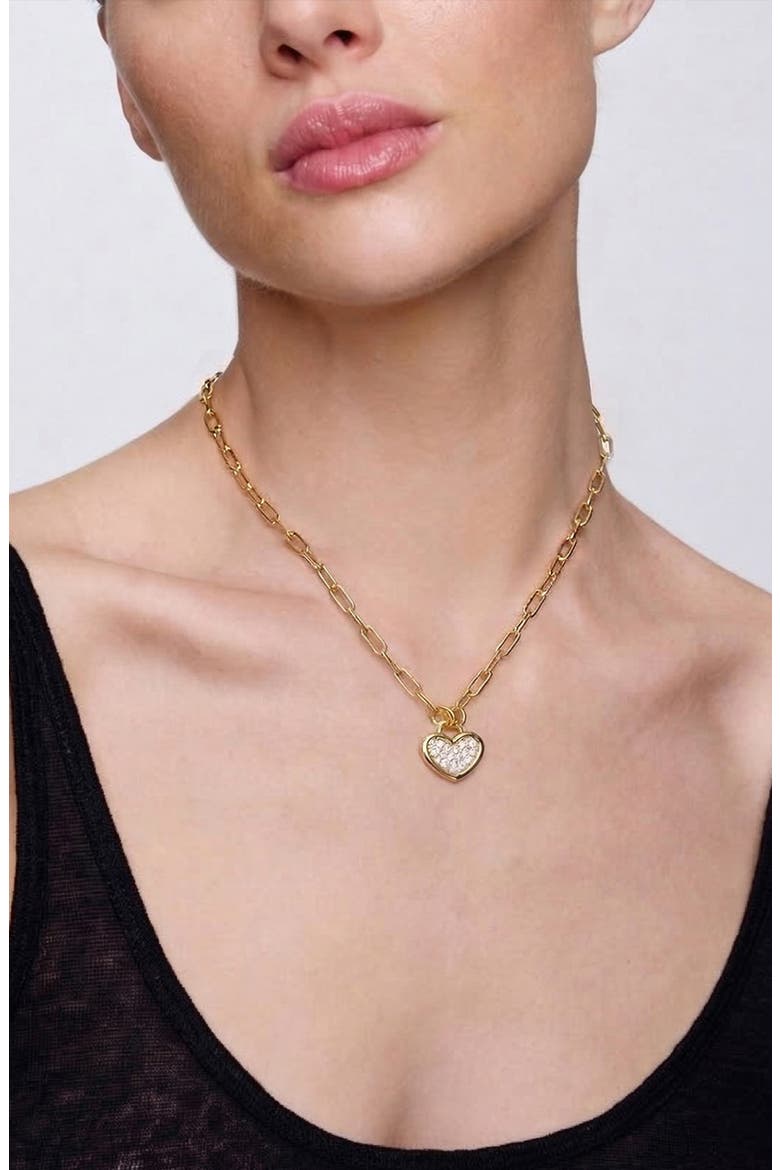 Link Heart Pave Short Necklace in Gold, Alternate, color, Gold
