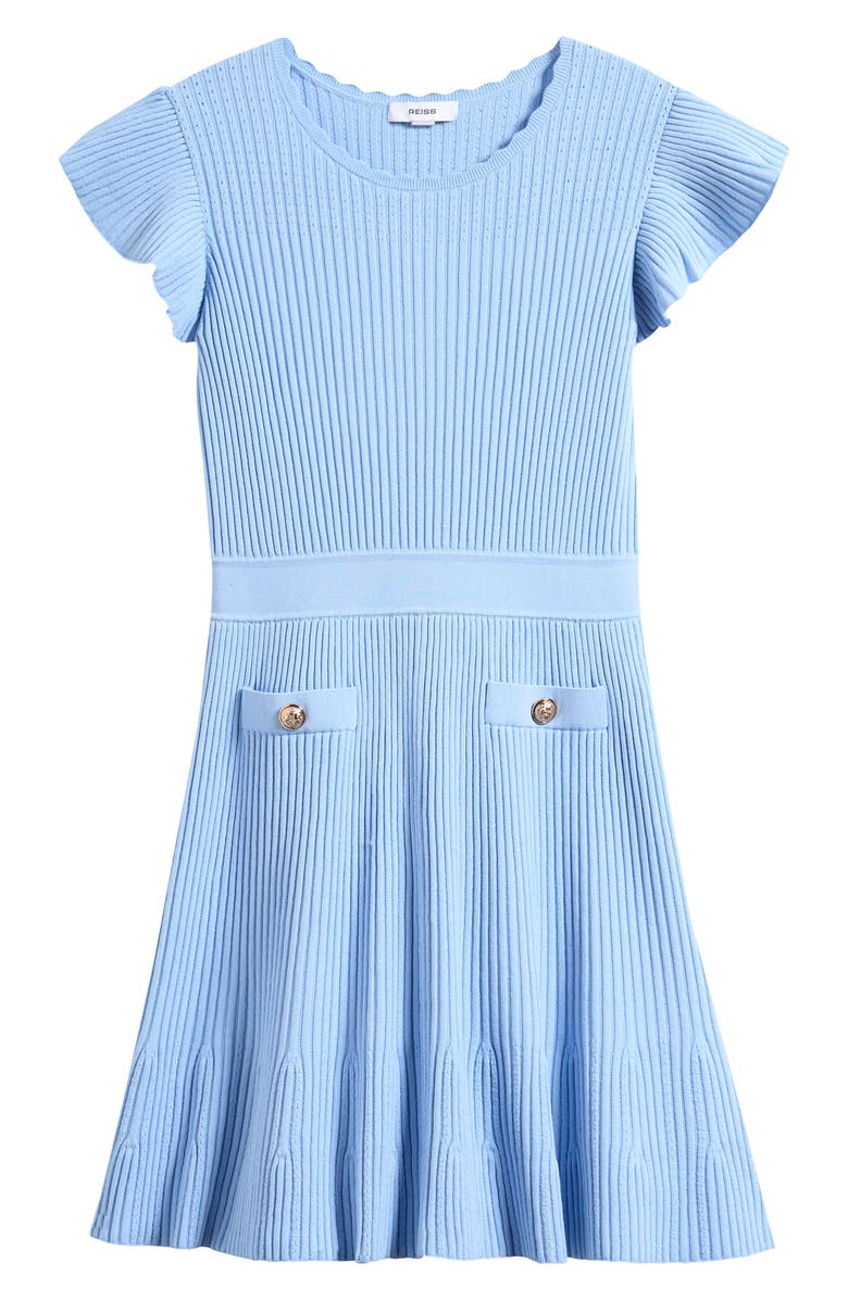 Reiss Kids' Miriam Flutter Sleeve Rib Dress, Main, color, Pale Blue