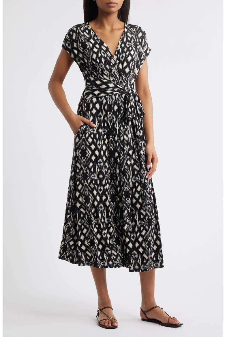 Geo Print Faux Wrap Midi Dress, Main, color, BLACK/ GREY