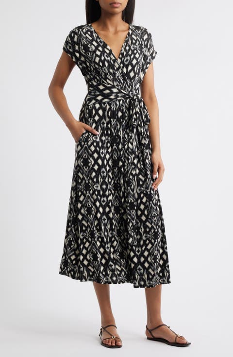 Geo Print Faux Wrap Midi Dress