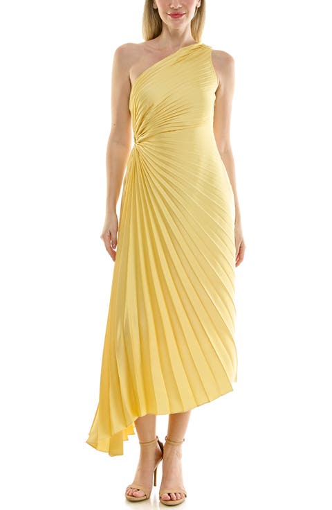 Pleated One-Shoulder Satin Dress