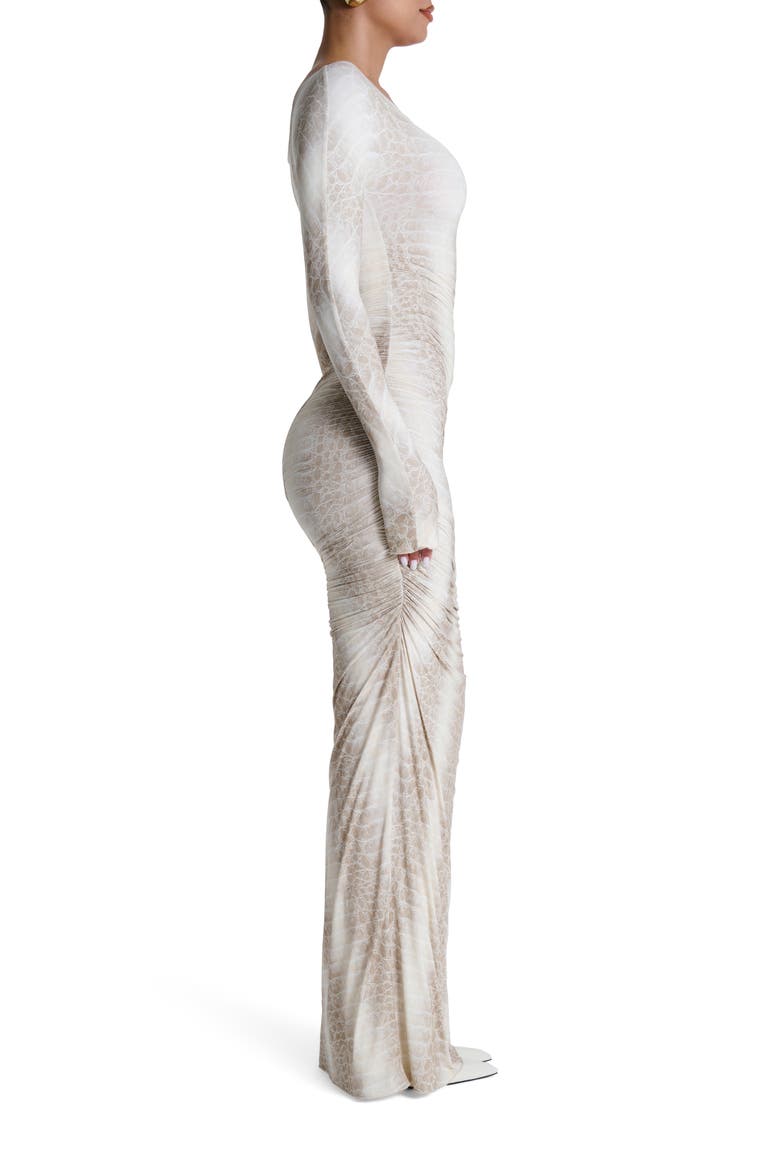 Ruched Off the Shoulder Long Sleeve Maxi Dress, Alternate, color, BONE CROCODILE