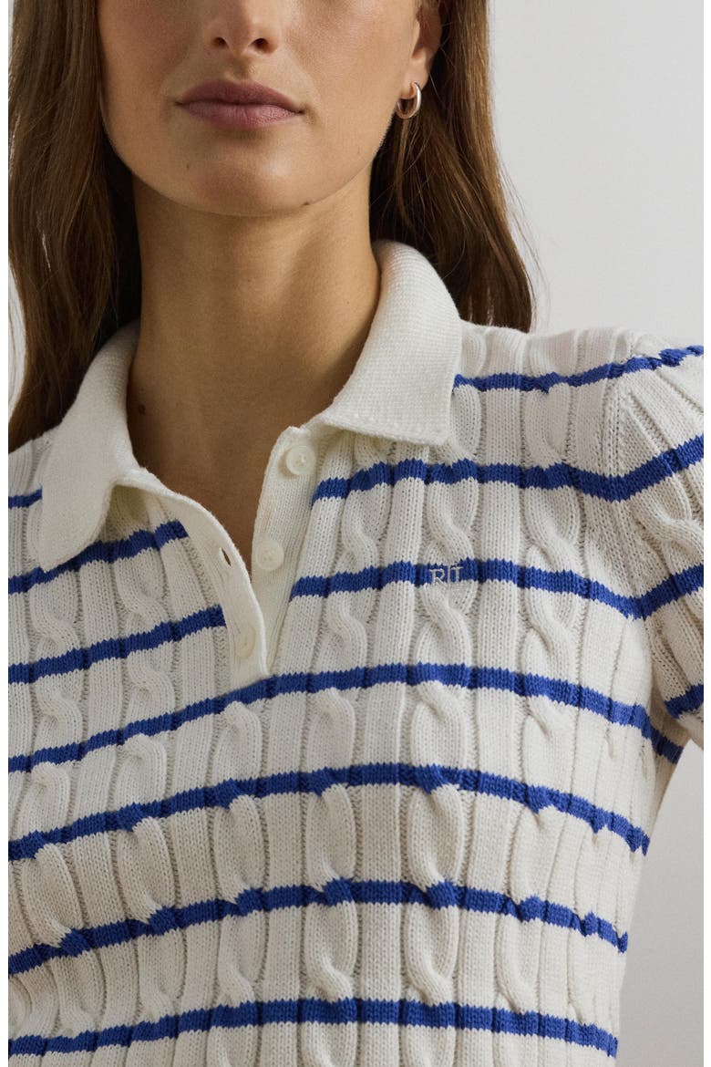Striped Cable Knit Cotton Polo Sweater, Alternate, color, WHITE/ BLUE LAPIS