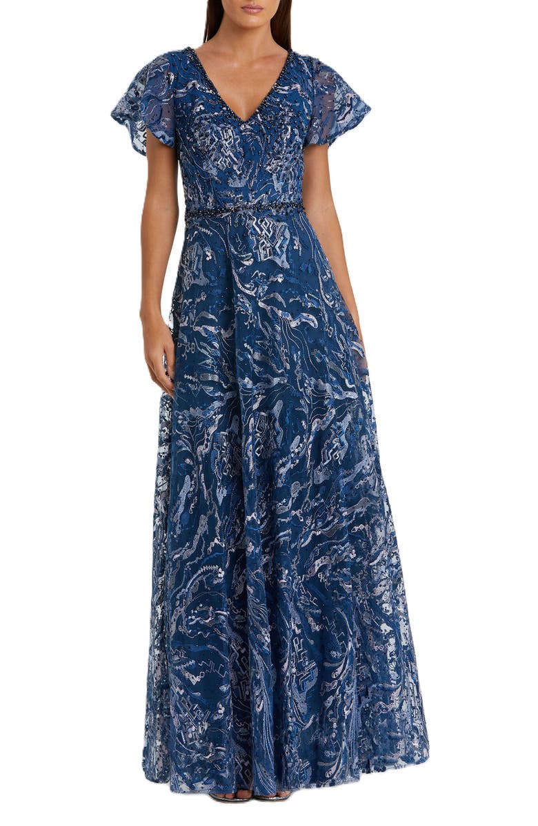 Mac Duggal Embellished Illusion Butterfly Sleeve A-Line Gown, Main, color, Navy
