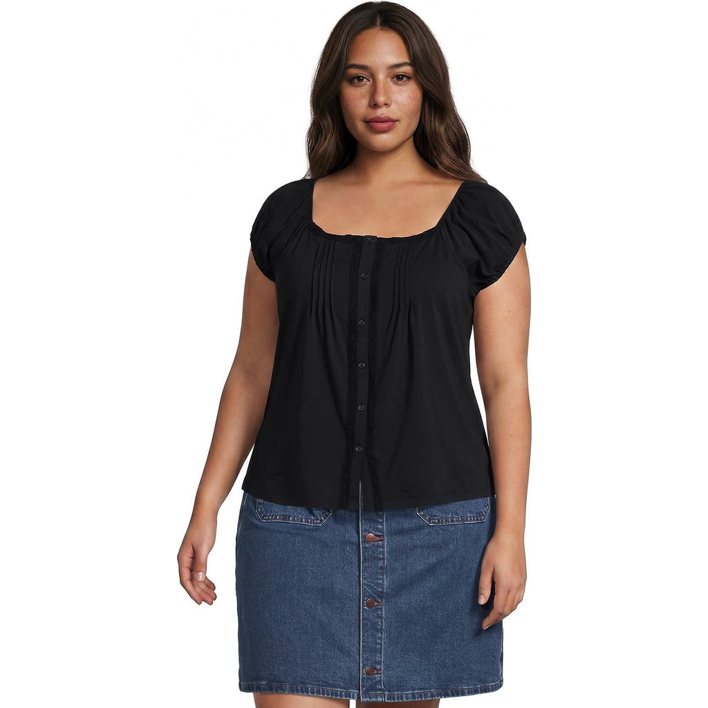 Lands' End Plus Size Sleeveless Lightweight Jersey Pintuck Button Front Blouse In Black