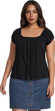 Lands' End Plus Size Sleeveless Lightweight Jersey Pintuck Button Front Blouse