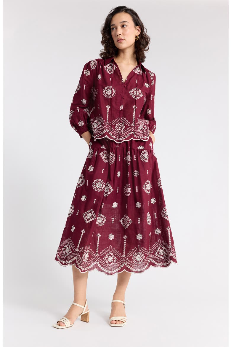 Cotton Eyelet Popover Top, Alternate, color, BURGUNDY IVORY FLORAL EYELET
