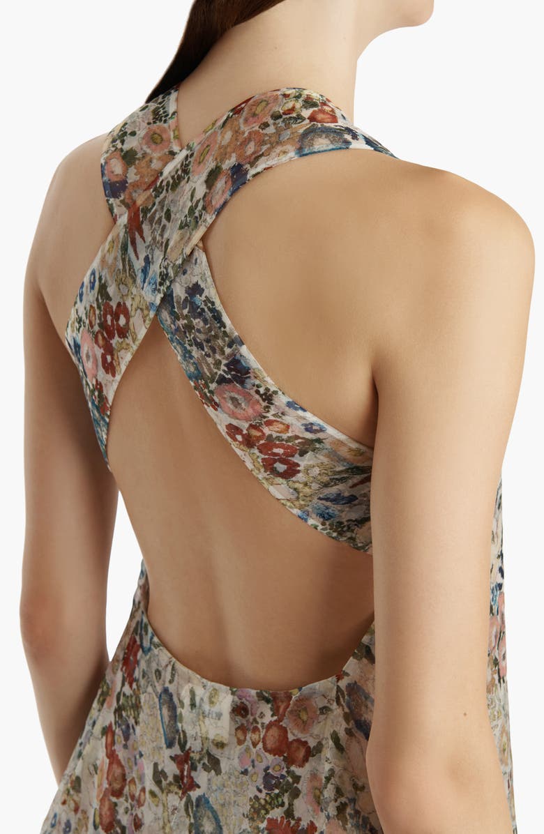 Khaite Amello Floral Drop Waist Silk Organza Pinafore Dress, Alternate, color, Cream Multi