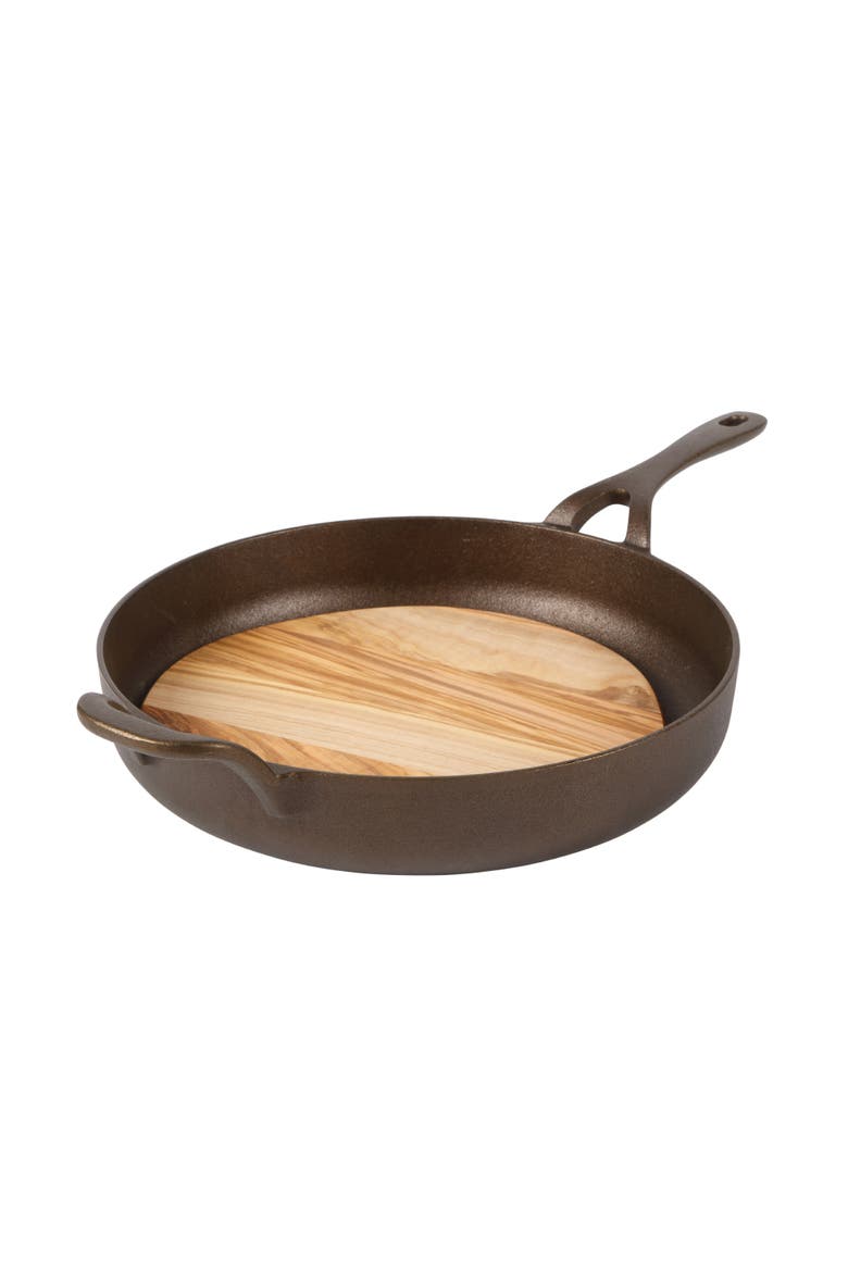 Natural Bronze Finish Cast Iron Skillet with Long Handle, Helper Handle & Olive Wood Trivet, Alternate, color, Natural Bronze