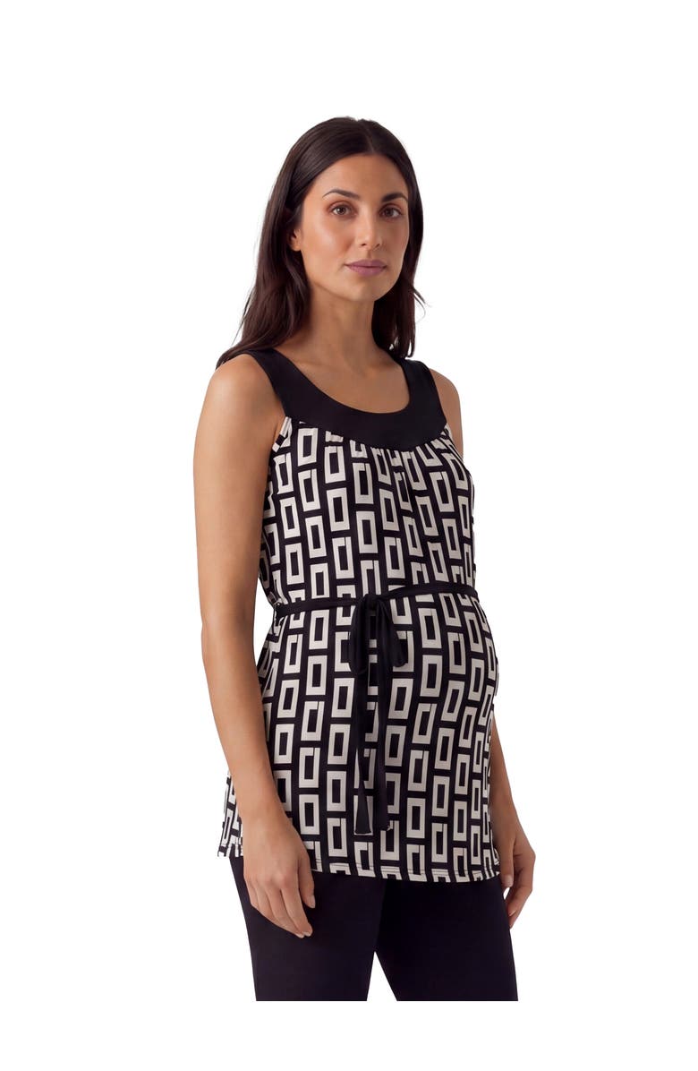 24seven Comfort Apparel Maternity Essential Geometric Print Scoop Neck Sleeveless Waist Tie Top, Alternate, color, Black Multi