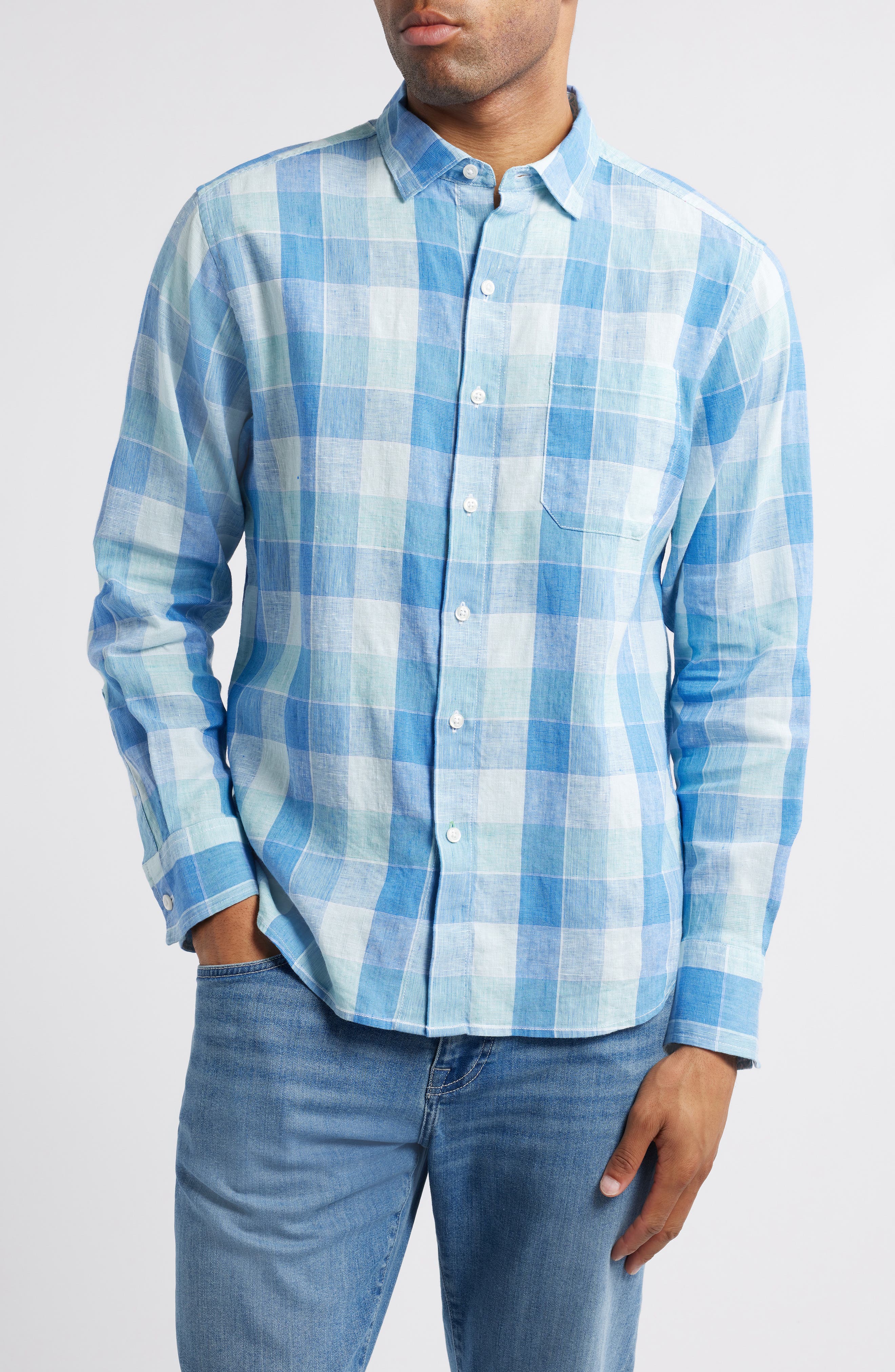 Tommy Bahama Barbados Breeze Beach Day Check Stretch Linen Button-Up Shirt