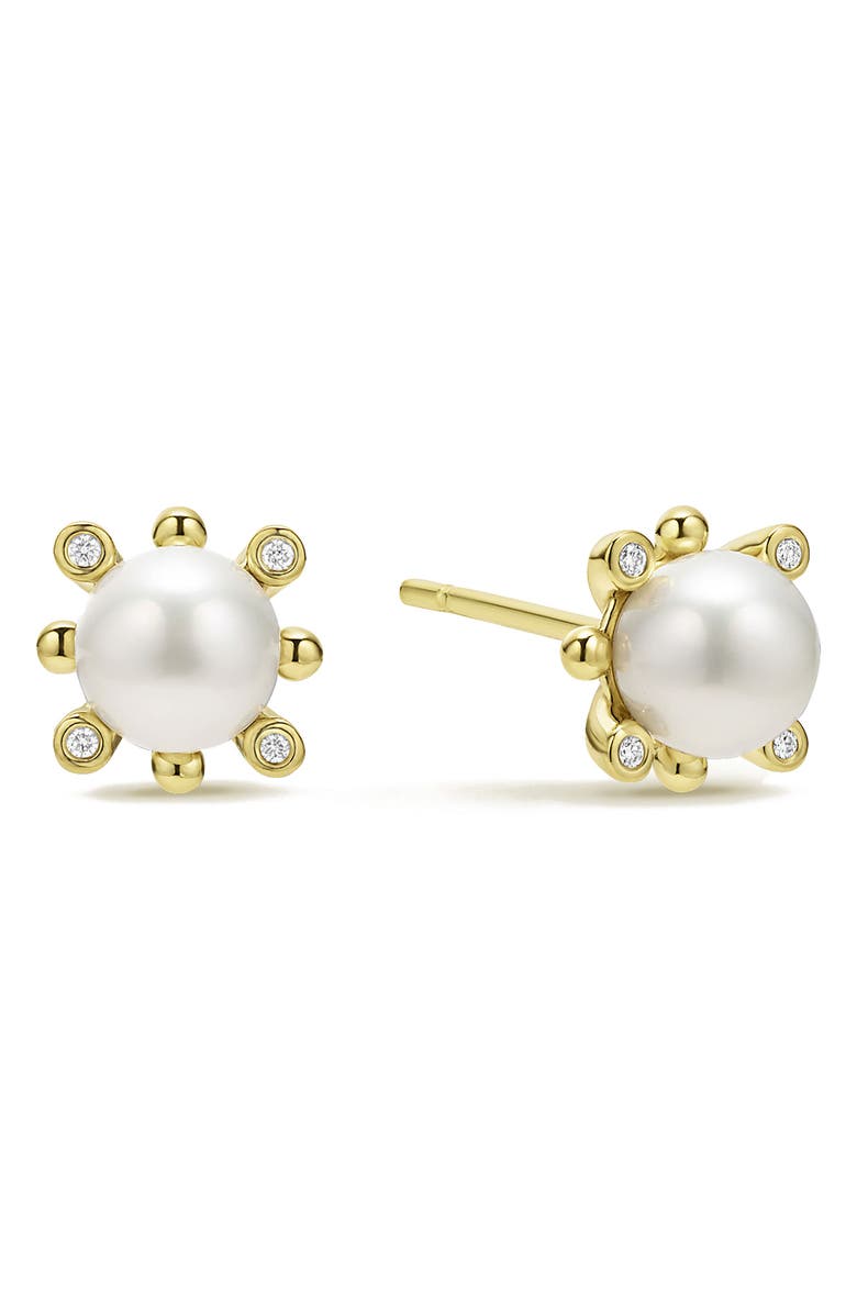 LAGOS 18K Luna Fleur Pearl & Diamond Stud Earrings, Alternate, color, Gold