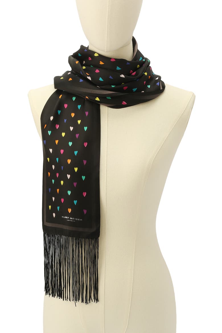 Rainbow Heart Print Party Fringe Silk Scarf, Alternate, color, CLASSIC RAINBOW